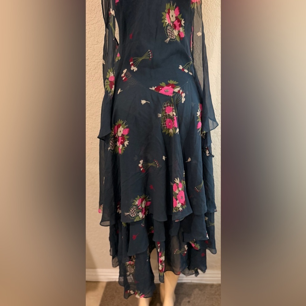 celia birtwell for Express Teal Floral Tiered Maxi Dress 100% silk lining Sz 6 - Picture 10 of 14